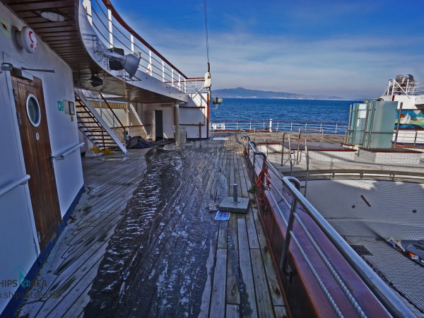 frozen water on the open deck next to the pool of MS ASTOR